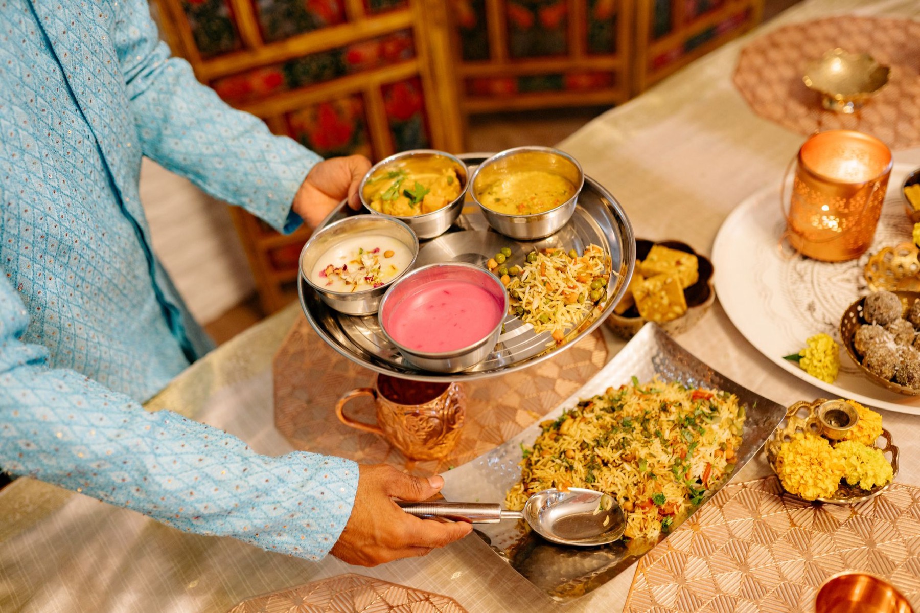 South Indian thali with rice, curries and accompaniments