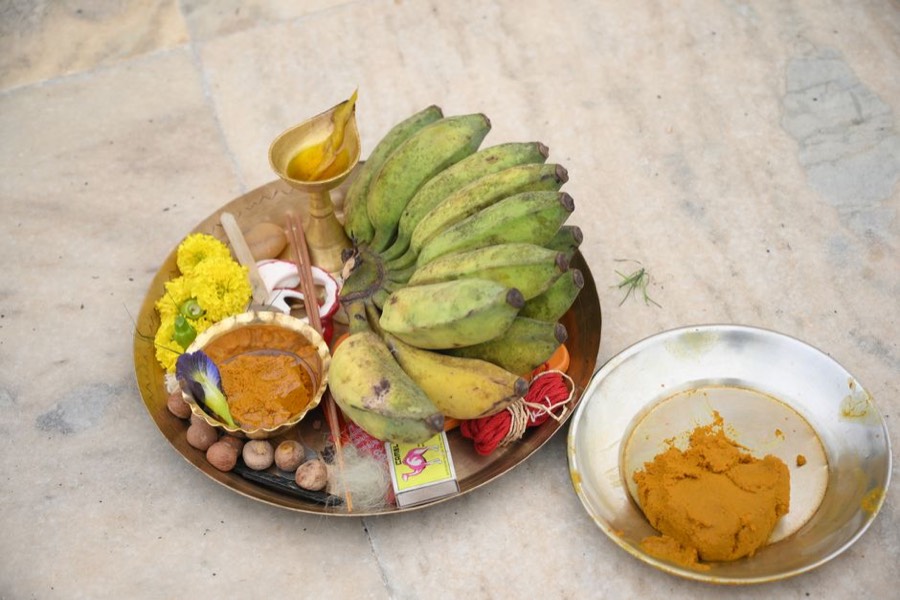 Full South Indian meals served on a banana leaf